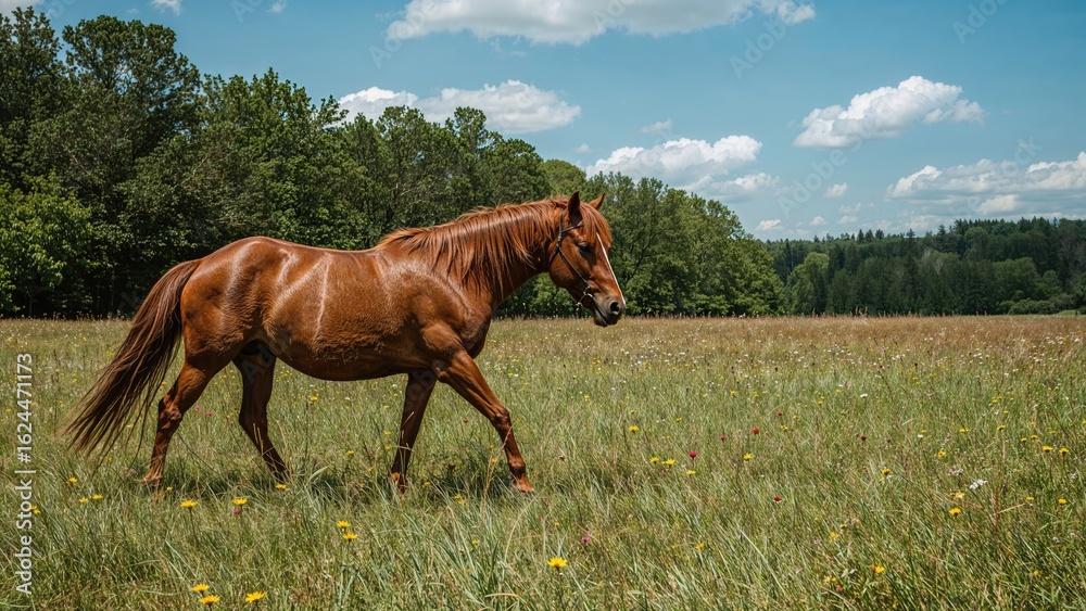 Fototapeta premium A stunning chestnut horse strolls calmly across a vibrant green meadow, soaking in the peaceful natural environment.
