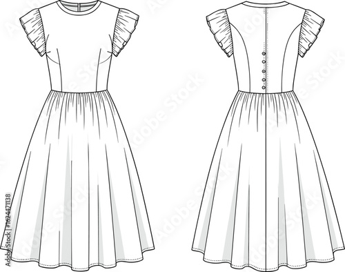 Technical fashion sketch of women's a-line midi dress with a square neckline, front button placket, and puff sleeves, vector illustration.