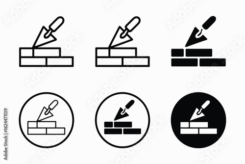 Set of bricklaying icons showing trowel and bricks in different styles