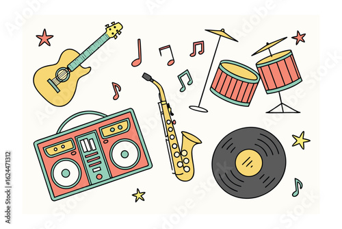 Harmony of Music: A vibrant illustration showcasing an array of musical instruments including a guitar, saxophone, drums, turntable.