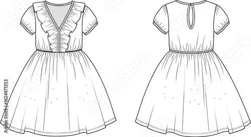 Technical fashion sketch of women's mini dress with ruffled neckline, gathered V-neck, short sleeves, and a flared skirt with pin tuck details, vector illustration.