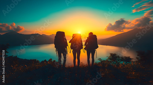Silhouetted hikers watching sunrise over lake scenic view