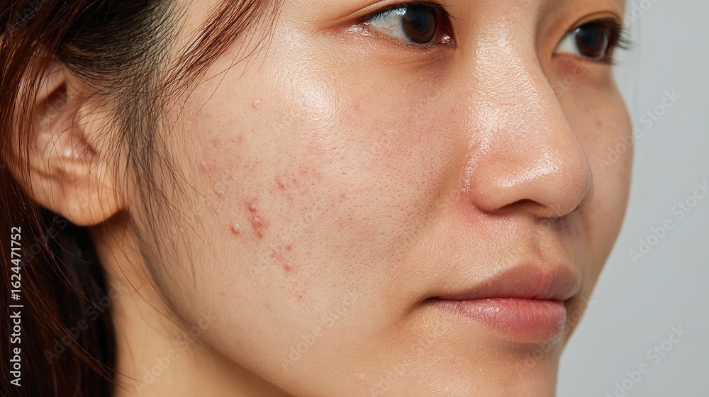 Fototapeta premium Close-Up of Asian Woman’s Face with Visible Acne and Blemishes Including Red Papules, Whiteheads, and Cysts, Showing Uneven Skin Texture and Inflammation Under Natural Lighting