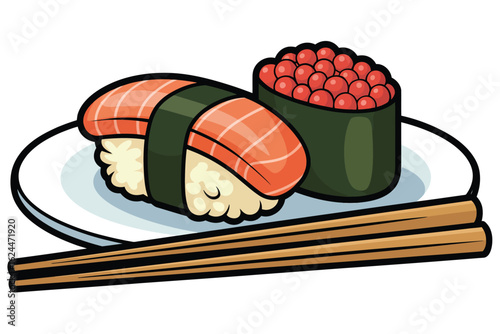 Delicious salmon nigiri and ikura gunkan maki sushi with chopsticks