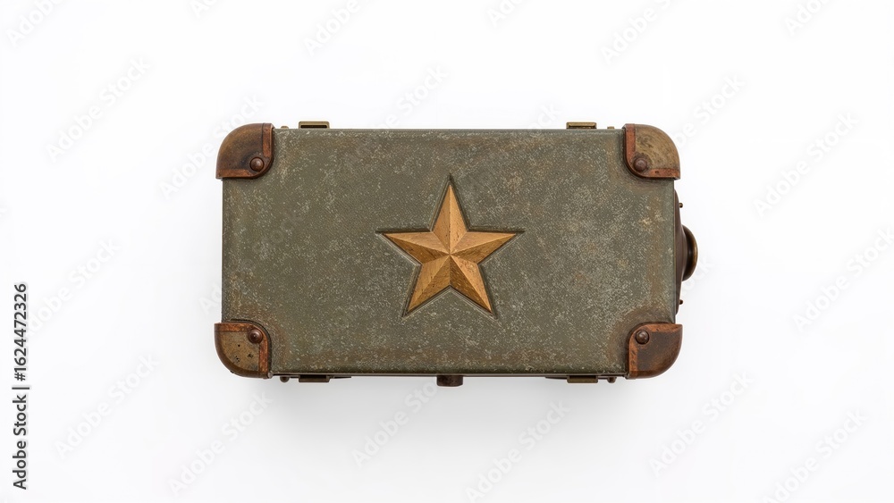 Fototapeta premium Steel ammunition box adorned with a star, displayed against a white backdrop. World War II artifact.
