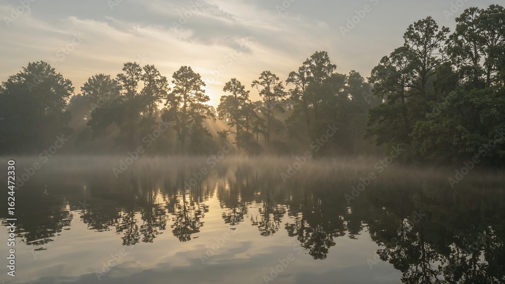 Fototapeta premium Tranquil waters edged by woodland in a foggy sunrise setting