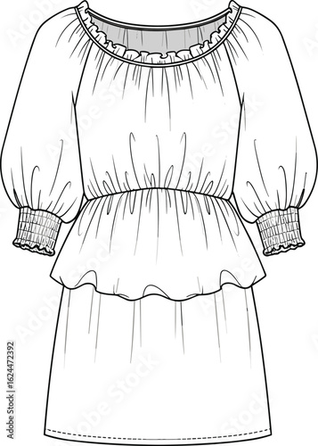 Technical fashion sketch of women's smocked peasant dress with tiered peplum, balloon sleeves, and elasticized neckline, vector illustration.
