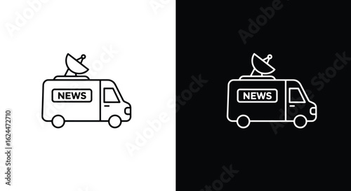 Line art icons of a news broadcast van with a satellite dish on black and white backgrounds.