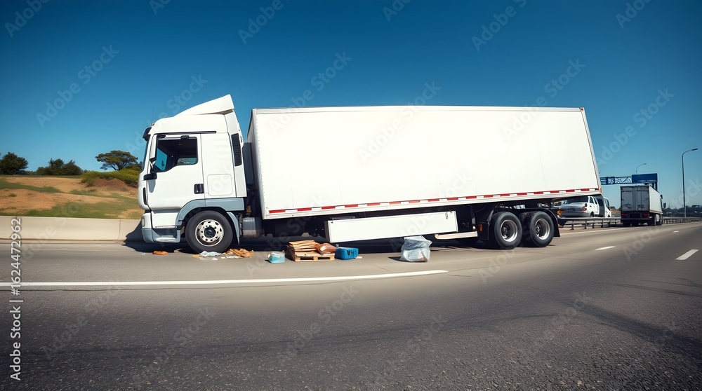 White truck losing its load on highway causing road hazard White truck losing its load on highway causing road hazard