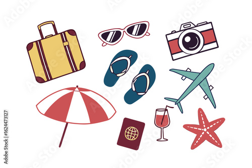Travel Essentials Illustrated: A vibrant illustration of travel essentials. This artwork depicts a suitcase, sunglasses, camera, flip-flops, airplane, parasol, passport, drink, and starfish.