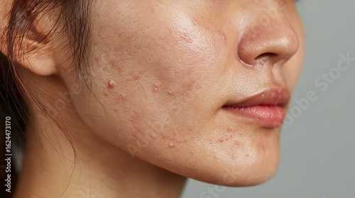 Close-Up of Asian Woman’s Face with Visible Acne and Blemishes Including Red Papules, Whiteheads, and Cysts, Showing Uneven Skin Texture and Inflammation Under Natural Lighting