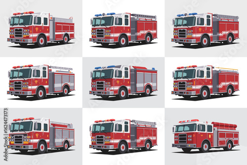 Collection of nine different red fire trucks with lights and equipment