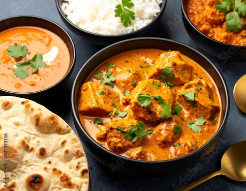 Delicious and creamy butter chicken served with rice and naan bread ready to eat