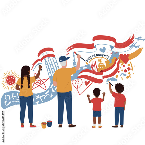 A multigenerational group collaborates on a vibrant mural depicting patriotic symbols and community spirit.