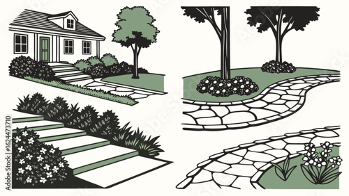 Explore landscape design ideas for front yard landscaping with garden paths and walkways and beautiful plants