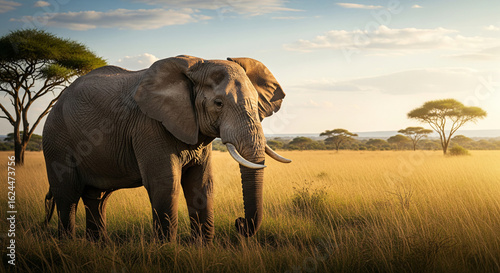 Majestic African Elephant Standing in the Golden Savannah, Large Bull Elephant in a Classic Wildlife Scene with Acacia Trees at Sunrise, Nature and Safari Adventure