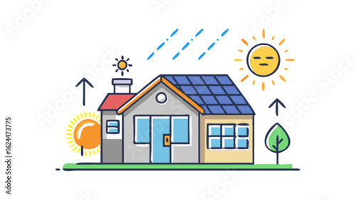 Solar panel house energy efficiency sustainable home renewable power green energy eco friendly home illustration