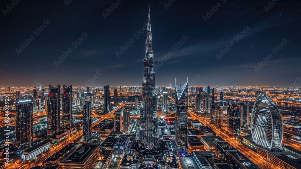 Fototapeta premium A distinctive view of towering skyscrapers and urban skyline illuminated by moonlight at night.