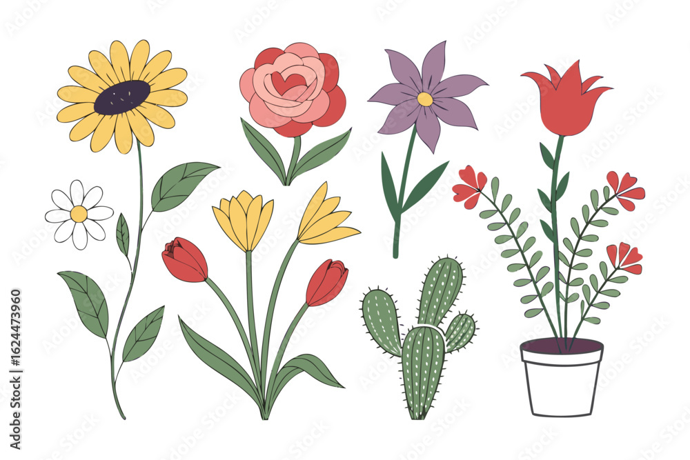 Obraz premium Blooming Diversity: A vibrant collection of illustrated flowers showcases a colorful array of floral beauty and botanical design, radiating natural charm.
