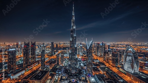 A distinctive view of towering skyscrapers and urban skyline illuminated by moonlight at night.
