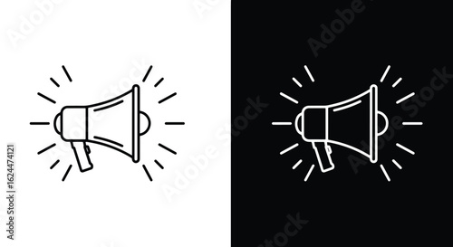 A pair of line art megaphone icons, black on white and white on black, symbolizing an announcement or alert.