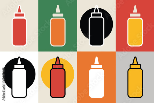 Collection of eight squeeze bottles for condiments and sauces