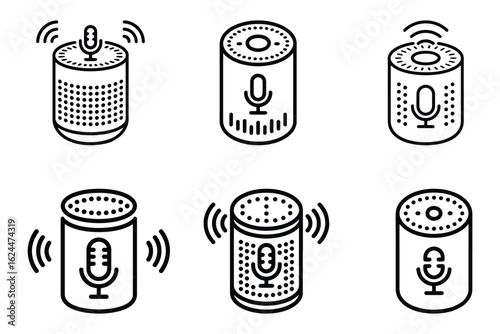 Set of six isometric line art icons representing smart speakers with sound waves emanating from them