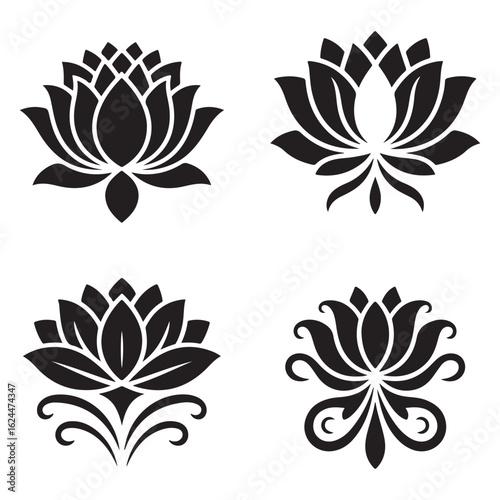 Four Black Lotus Flower Silhouettes with Decorative Swirls Keywords lotus, flower, silhouette, black and white