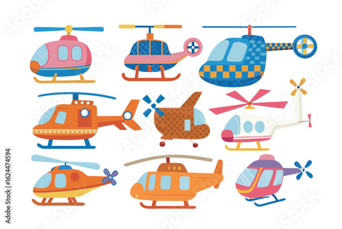 Colorful Helicopter Collection: A vibrant illustration showcases an array of diverse helicopter designs, each with its own unique color palette, reflecting the playful charm of air transport.