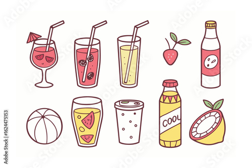 Summer Drinks Collection: A vibrant collection of hand-drawn summer drinks, including refreshing cocktails, juices, sodas, and fruits. Perfect for summer-themed designs, menus, and blogs.