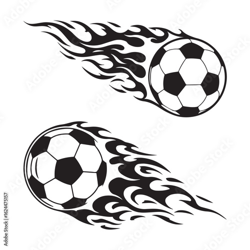 Two Black Soccer Balls with Fire Flames Trails on White Background Keywords soccer ball &  football & fire