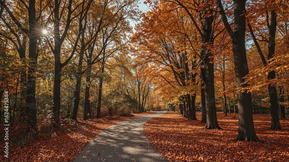 Naklejka premium A walkway traversing the park's core, flanked by lofty trees