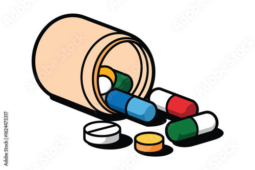 Bottle of pills and capsules spilling out onto a white background