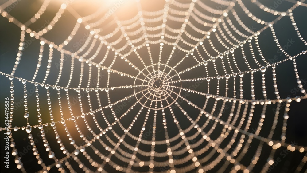 Obraz premium Dew-Drenched Spider Web Illuminated by Soft Light