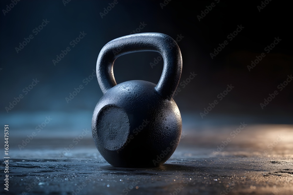 Fototapeta premium Matte black kettlebell on reflective surface - Generative AI