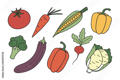 Assorted Vibrant Vegetables: A delightful array of fresh and colorful vegetables, meticulously captured in an illustrative style. Featuring an assortment of healthy ingredients.