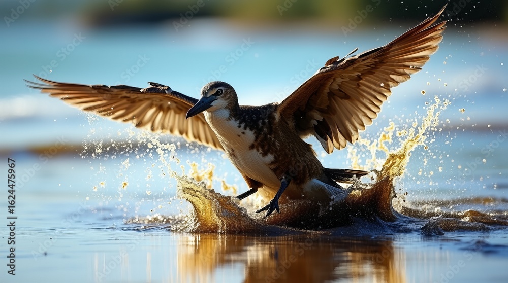 Obraz premium Wild duck bursting from water with wings spread and splashes, action wildlife shot