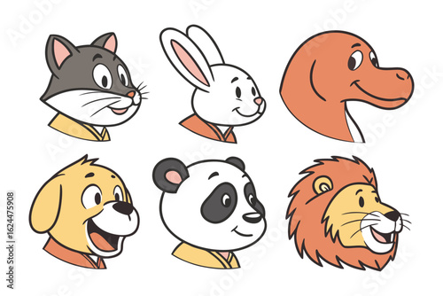 Smiling animal heads: Cute, cartoonish animal heads. A delightful and colorful illustration of different animals smiling. Featuring a cat, rabbit, duck, dog, panda, and lion.