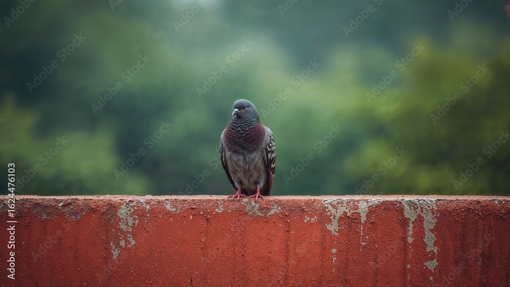 Obraz premium A bird resting atop a red cement wall against a soft-focused green foliage background.