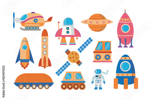 Galactic Exploration: A vivid collection of cosmic craft. Each element portrays the boundless potential of interstellar travel, evoking a sense of futuristic wonder and infinite possibility.