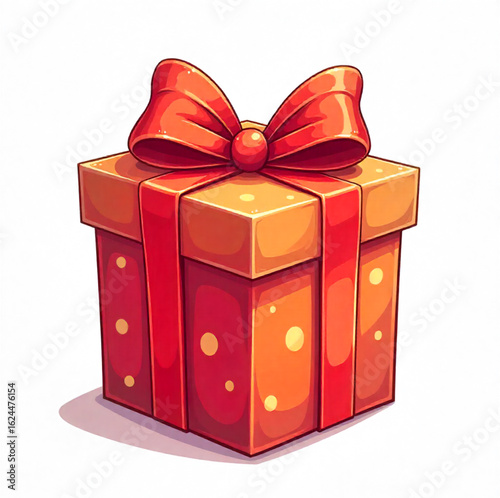 Dotted Orange  gift box with red ribbon for Christmas, birthday or other holiday