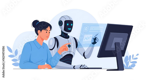 A woman and a robot are interacting with a computer screen, possibly analyzing data or working on a project together.