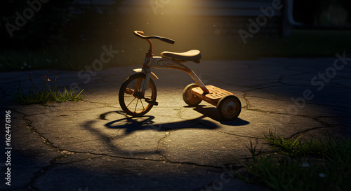 Forgotten memories old tricycle casting long shadow on cracked pavement night scene