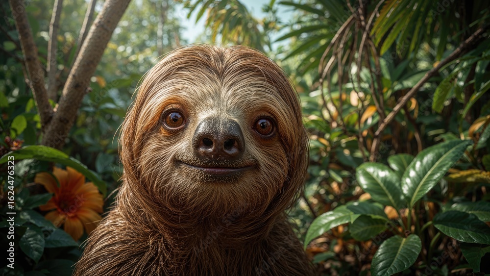 Fototapeta premium Detailed portrait of a sloth amidst lush greenery
