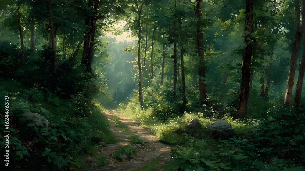 Obraz premium Sunlight filters through dense forest.