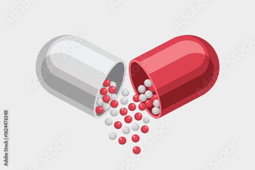 Open capsule spilling out small red and white pills