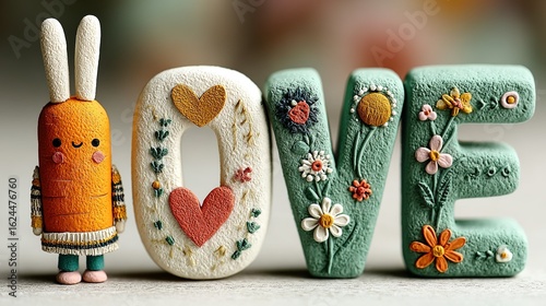 Handmade Clay LOVE Letters Decoration with Rabbit Flower Heart Elements for Warm Festival Home Decor Ornament