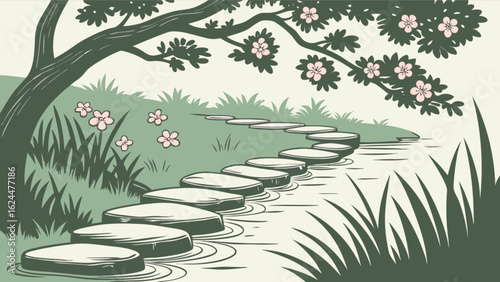 A serene stone path winds through a lush garden with a large tree, creating a peaceful and inviting outdoor scene