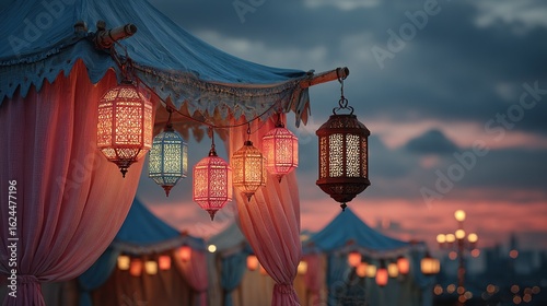 Tent Decorated with Colorful Moroccan Lanterns Dusk Outdoor Wedding Setup