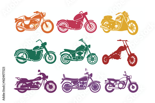 Motorcycle Collection: A vibrant collection of diverse motorcycles, capturing the essence of freedom, adventure, and the open road, designed with bold colors and distinct styles.